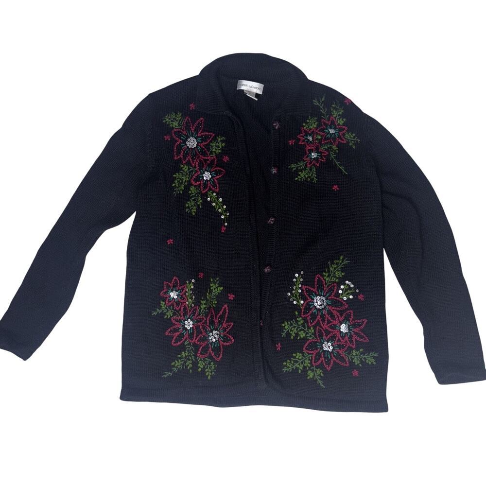 Draper’s and Damon’s cardigan Jacket Black Poinsettia Embroidered Sz M